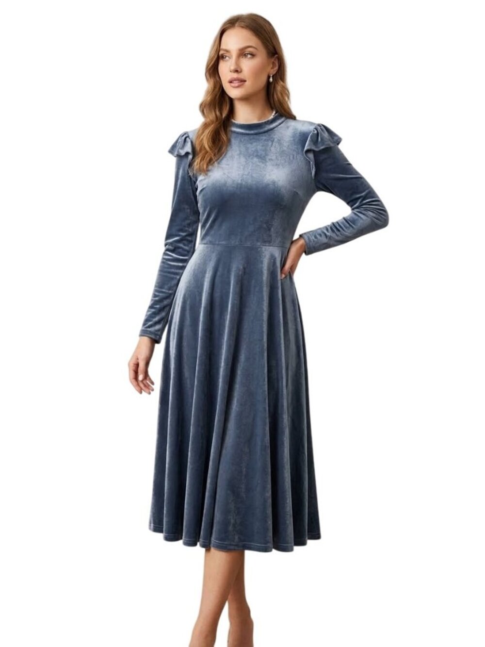 Ivy City Co. La La Lady Dress XXL Velvet Long Sleeve Ruffle Shoulders Blue NEW